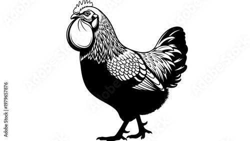 Black and White Illustration of a Chicken Holding a Large Egg in its Beak