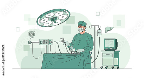 Surgeon Performing Laparoscopic Surgery with Advanced Medical Equipment in Operating Room