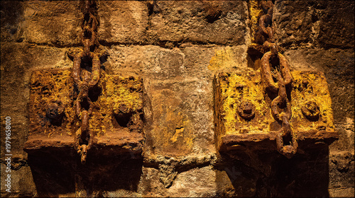shackles. Ancient iron shackles locked on a stone wall with a hanging chain. event programs, museum guides, designed for cultural heritage projects and event programs, supports education.
