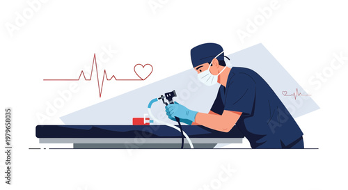 Surgeon Performing Laparoscopic Surgery with Medical Equipment and Heartbeat Monitor