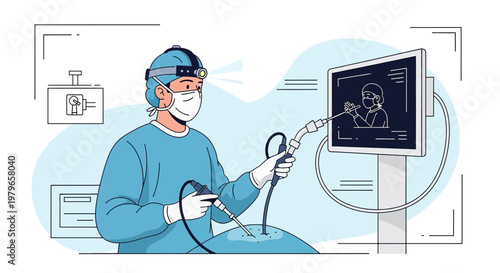 Surgeon Performing Laparoscopic Surgery with Endoscope on Monitor in Operating Room