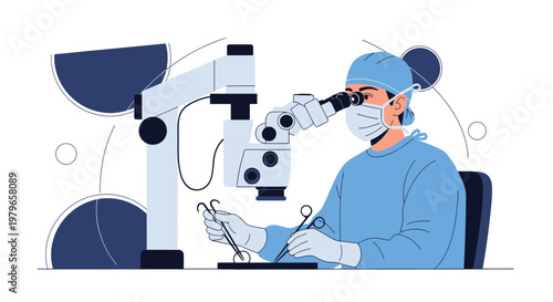 Surgeon Performing Microsurgery with Microscope and Instruments in Operating Room