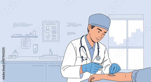Surgeon Performing Minor Procedure on Patient's Arm in Clinic Setting