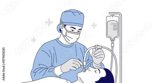 Surgeon Performing Nasal Surgery with Anesthesia and IV Drip in Operating Room