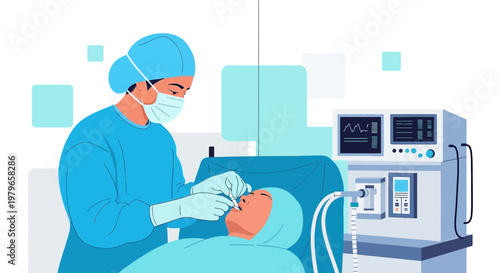 Surgeon Performing Nasal Surgery with Anesthesia Machine in Operating Room
