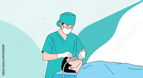 Surgeon Performing Nasal Surgery with Anesthesia Mask on Patient in Operating Room