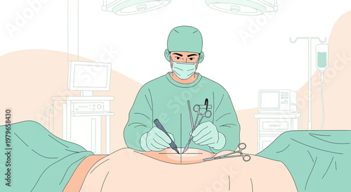 Surgeon Performing Operation in Modern Operating Room with Medical Equipment