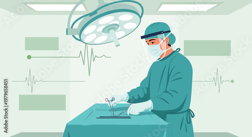 Surgeon Performing Operation in Modern Operating Room with Medical Equipment