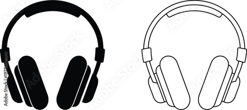Headphones icon solid black and line art vector illustration showing over ear audio device modern sound symbol design