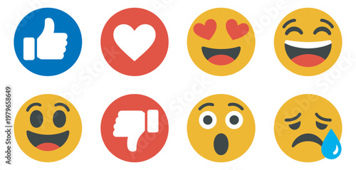 Social media reaction icon set, like love dislike laugh cry sad wow heart eyes emoji symbols chat messaging UI vector design