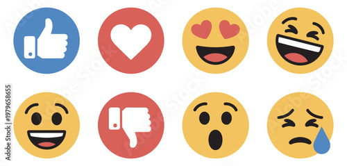 Social media reaction icon set, like love dislike laugh cry sad wow heart eyes emoji symbols chat messaging UI vector design
