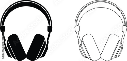 Headphones icon minimal vector design showing over ear audio device in outline and solid black style