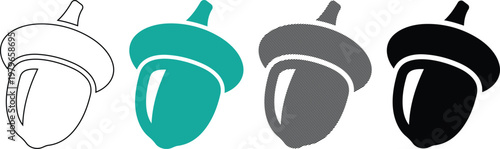 Acorn vector illustration set in outline, teal, diagonal line fill, and solid black, showcasing natural oak tree seed.