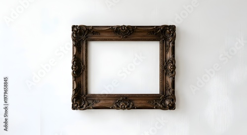 Classic Ornate Dark Wood Picture Frame Mockup on White Background, Vintage Victorian Style Carved Decorative Frame for Portrait and Fine Art