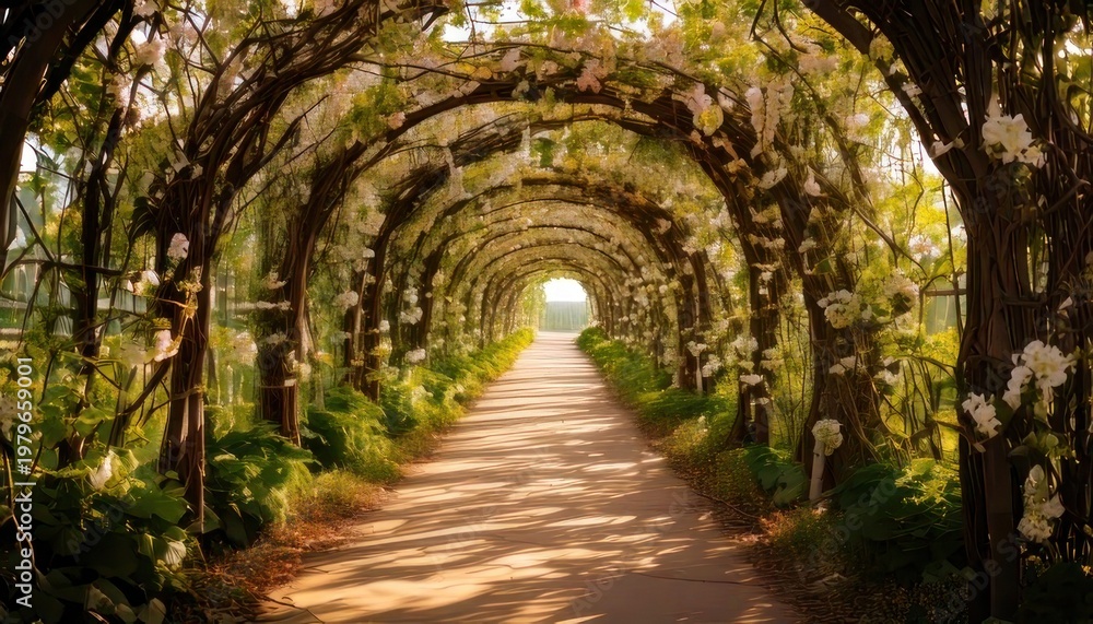 Obraz premium Enchanting floral tunnel path bathed in gentle sunlight, leading to a serene landscape, perfect for a romantic stroll or peaceful meditation