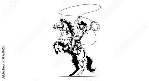 Cowboy Lasso Trick on Rearing Horse Rodeo Action Western Vector Clipart on White Background