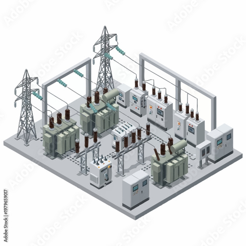 Isometric illustration of electrical power substation.