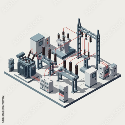 Isometric illustration of industrial power substation equipment.