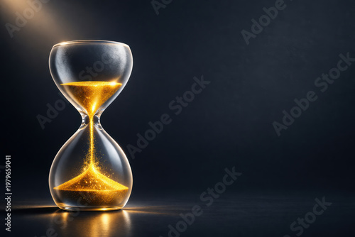 Glass hourglass with flowing golden sand on dark blue background, symbol of time, deadline, urgency and countdown concept with reflection.
