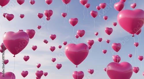 Abundance of pink heart shaped balloons floating against a soft blue sky for valentines day and love concept. jpg