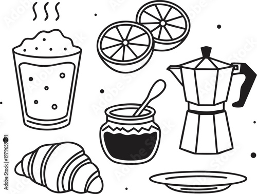 Morning breakfast set with coffee glass moka pot and croissant