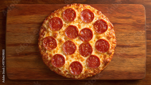hunger. A delicious pepperoni pizza sits on a rustic wooden board, captured from an overhead angle. representing modern convenience.
