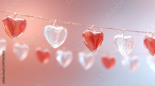 Transparent and Red Heart Ornaments Hanging on String, Romantic Background
