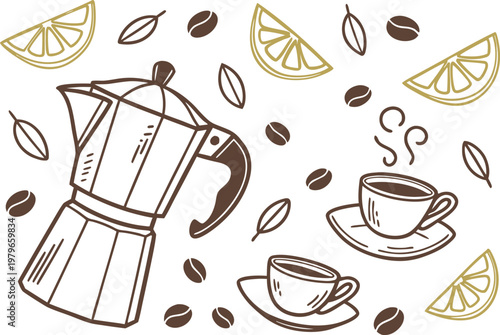 Set of coffee elements including mocha pot, coffee beans, lemon slices, and steaming coffee cups on transparent background