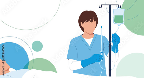 Nurse Administering IV Drip to Patient in Hospital Bed, Medical Care Concept