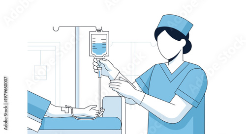 Nurse Administering IV Drip to Patient in Hospital Bed, Medical Care Concept