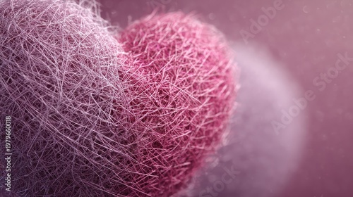 Close-up of two fluffy, textured hearts in shades of pink and purple, abstract love concept.