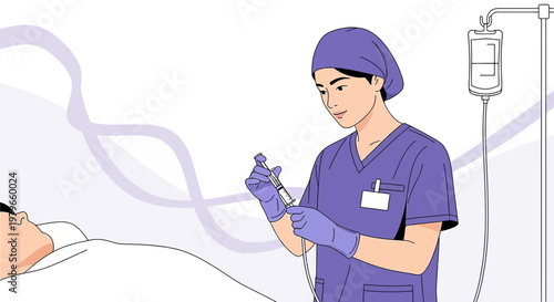 Nurse Administering IV Drip to Patient in Hospital Bed, Medical Care Concept