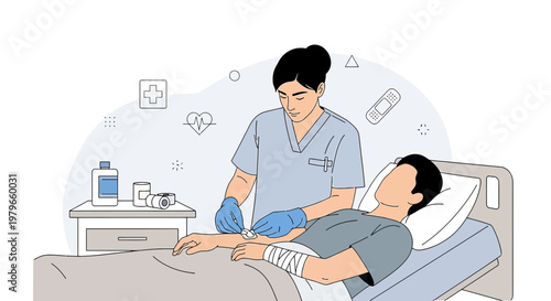 Nurse Administering IV Drip to Patient in Hospital Bed, Medical Care Concept
