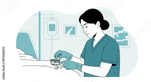 Nurse Administering IV Drip to Patient in Hospital Bed, Medical Care Concept