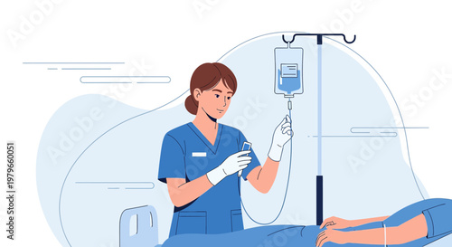 Nurse Administering IV Drip to Patient in Hospital Bed, Medical Care Concept