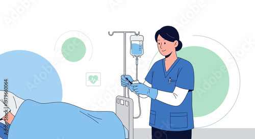 Nurse Administering IV Drip to Patient in Hospital Bed, Medical Care Concept