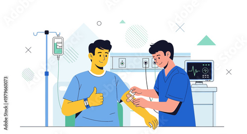 Nurse Administering IV Drip to Patient in Hospital Bed, Medical Care Concept