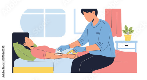 Nurse Administering IV Drip to Patient in Hospital Bed, Medical Care Concept
