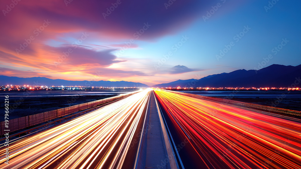 Obraz premium motorway. Sunset motorway with dynamic light streaks and a warm atmospheric dusk glow. inspiring travel planning, mobility guides, designed for mobility and urban transit guides. 