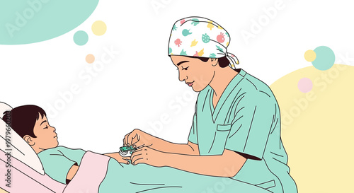 Nurse Administering IV to Child Patient in Hospital Bed