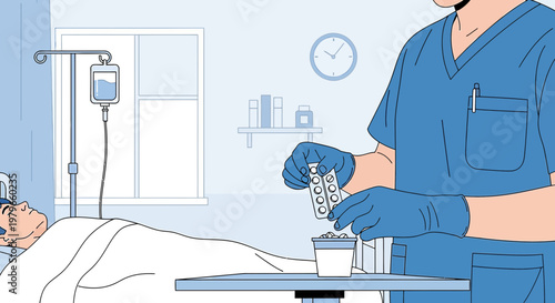 Nurse Administering Medication to Patient in Hospital Bed with IV Drip