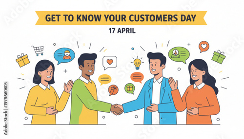 Diverse people shaking hands on get to know your customers day april 17 with colorful icons and speech bubbles