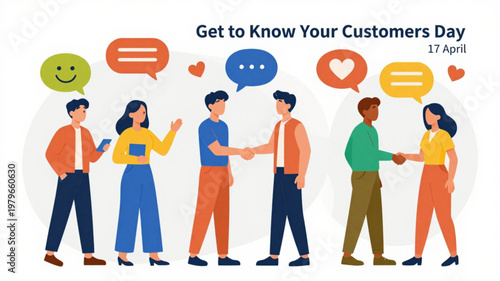 Diverse people interacting on get to know your customers day shaking hands and chatting with speech bubbles