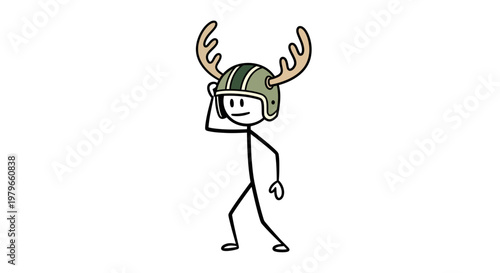 Stick figure man wearing a helmet with antlers, isolated on white background, vector illustration for creative concepts and humor