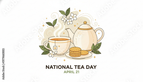 National tea day illustration with steaming cup teapot cookies and flowers on april 21st celebration