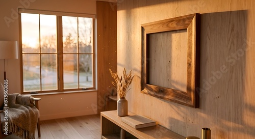 Warm Golden Hour Interior with Thick Wooden Frame Mockup