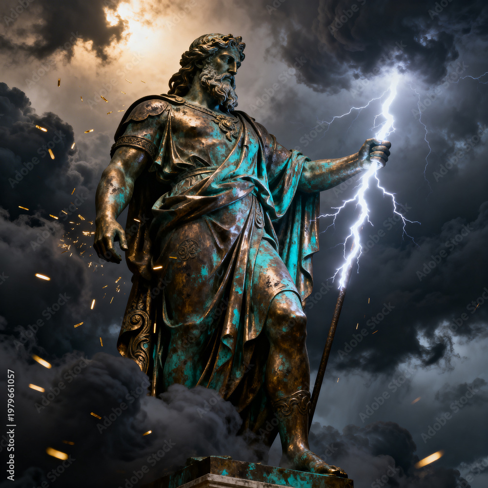 Fototapeta premium Majestic Bronze Statue of Zeus, the Greek God of Sky and Thunder, Holding a Glowing Lightning Bolt Amidst Dark Storm Clouds and Flying Sparks, Epic Mythological Illustration.