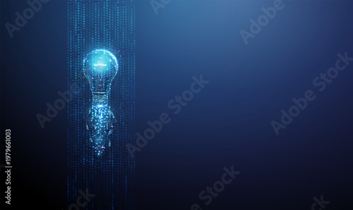 3d light bulb flying inside a vertical data stream. AI idea generation, data driven innovation, real time information flow, intelligent insights, automation acceleration concept.