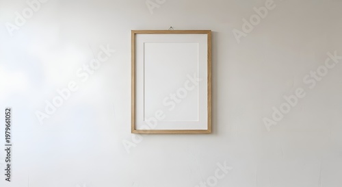 vertical oak wood frame mockup on plain white wall