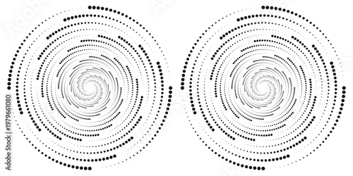 Modern abstract background. Halftone dots in circle form. Spiral logo, icon or design element. Black dots on a white background and white dots on the black side.